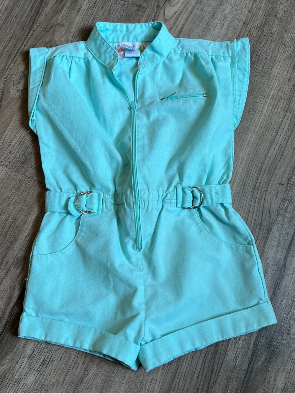 Girls Mint Short Sleeve Romper with Belt Detail 4T